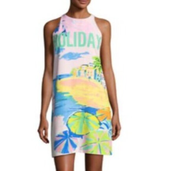 Boutique Moschino Holiday Graphic Print Sleeveless Shift Mini Dress Pink‎ 6 - Picture 1 of 14